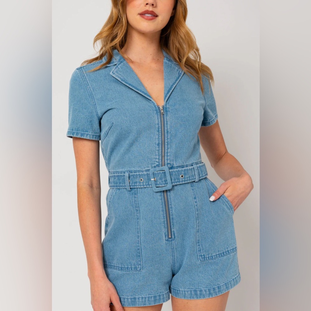 Gilli Light Blue Denim Short Jumpsuit Romper with Belt